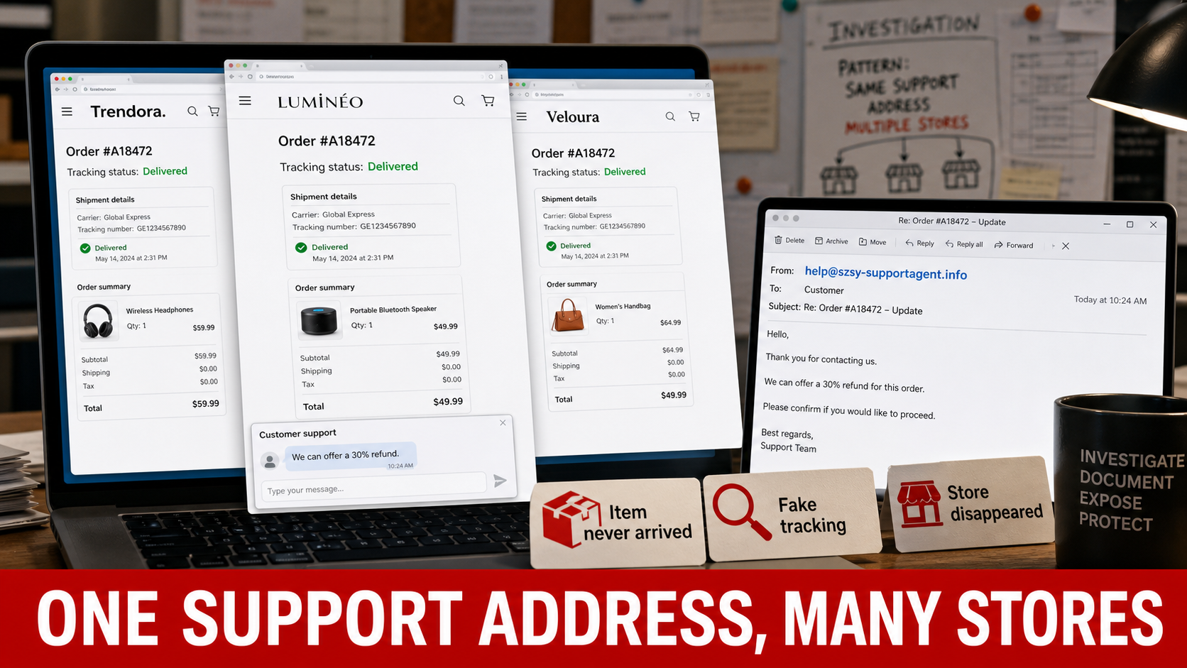 Help@szsy-supportagent.info Scam Network: Many Stores, Same Support 1 Online shopping scam network using help@szsy-supportagent.info across multiple stores