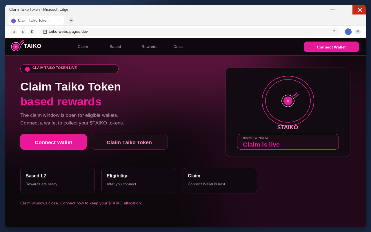 Taiko Airdrop EXPOSED: Fake Claim Pages Drain Wallets 1 Fake Taiko airdrop claim page with Connect Wallet
