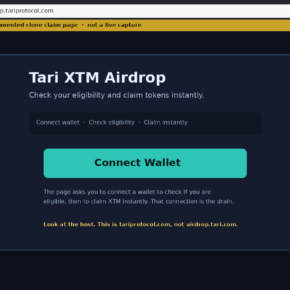 The fake Tari XTM airdrop claim page on airdrop.tariprotocol.com, with a Connect Wallet button