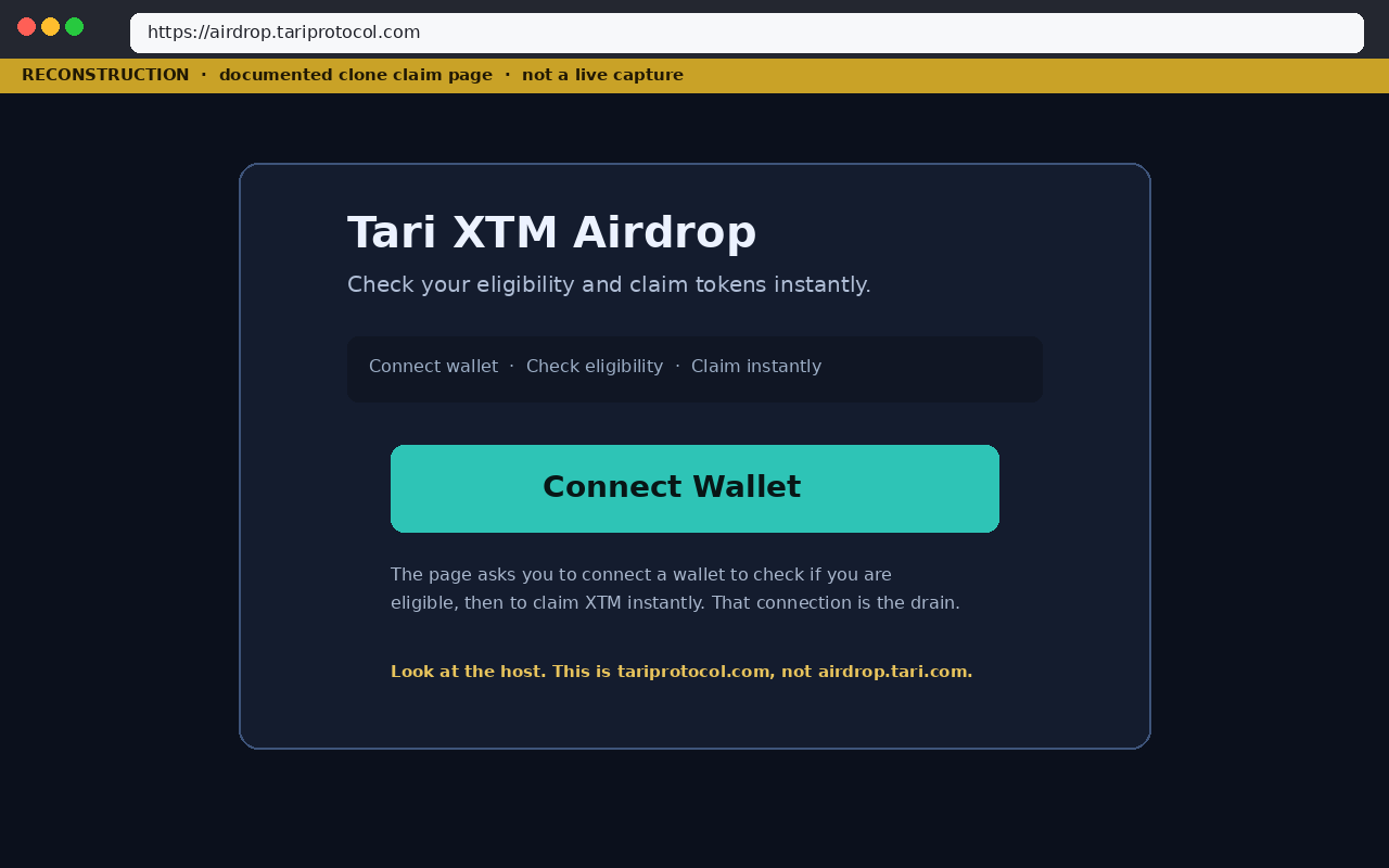 A fake Tari XTM claim page pushing Connect Wallet.