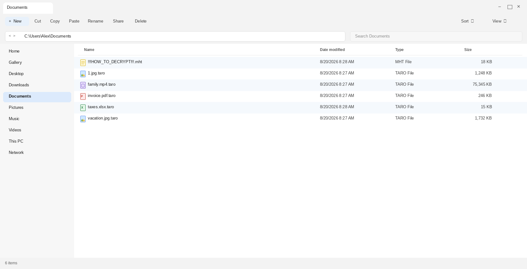 Documents after Taro. 1.jpg.taro and !!!HOW_TO_DECRYPT!!!.mht are the tell.