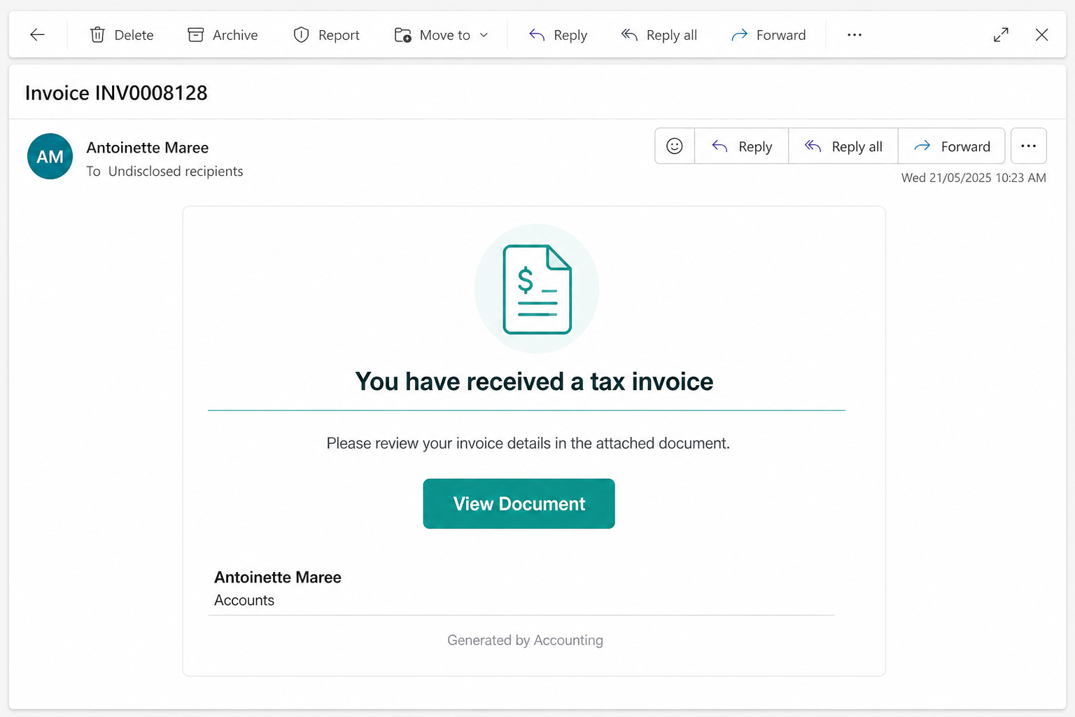 Reconstruction of the tax invoice phishing email for invoice INV0008128