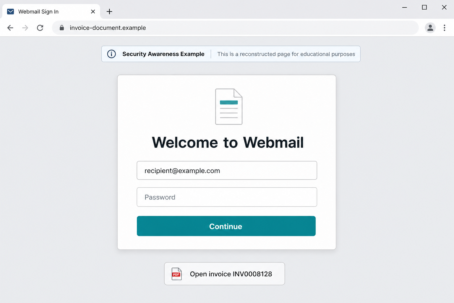 Reconstruction of the fake webmail page opened by the tax invoice email