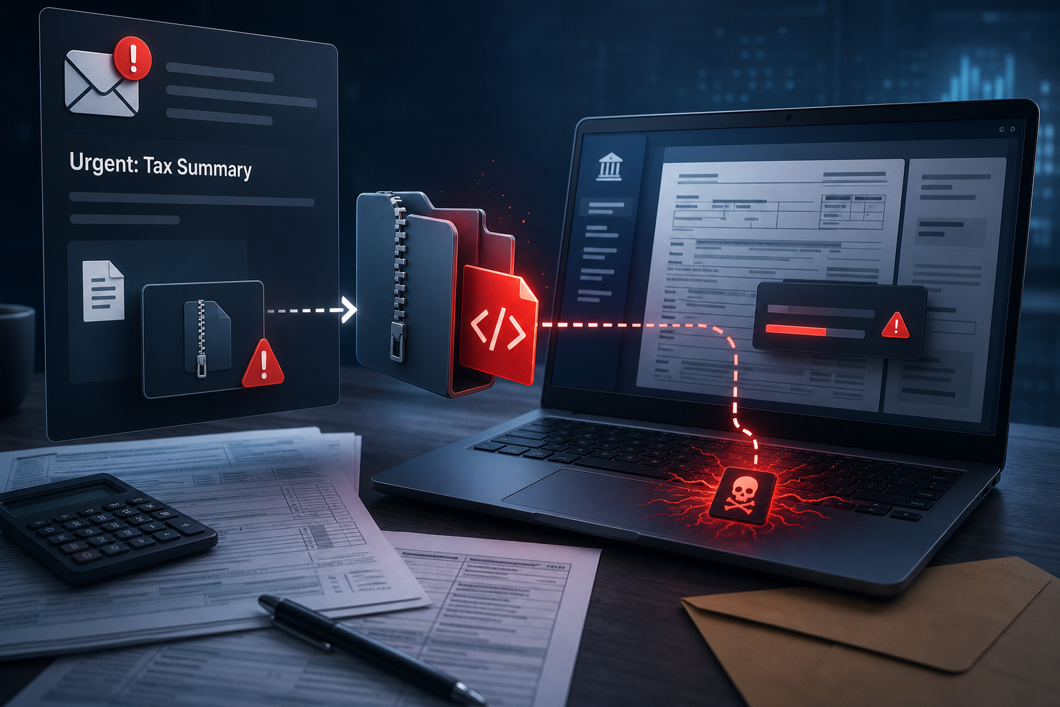 Fake urgent tax summary email delivering a malicious ZIP and script file