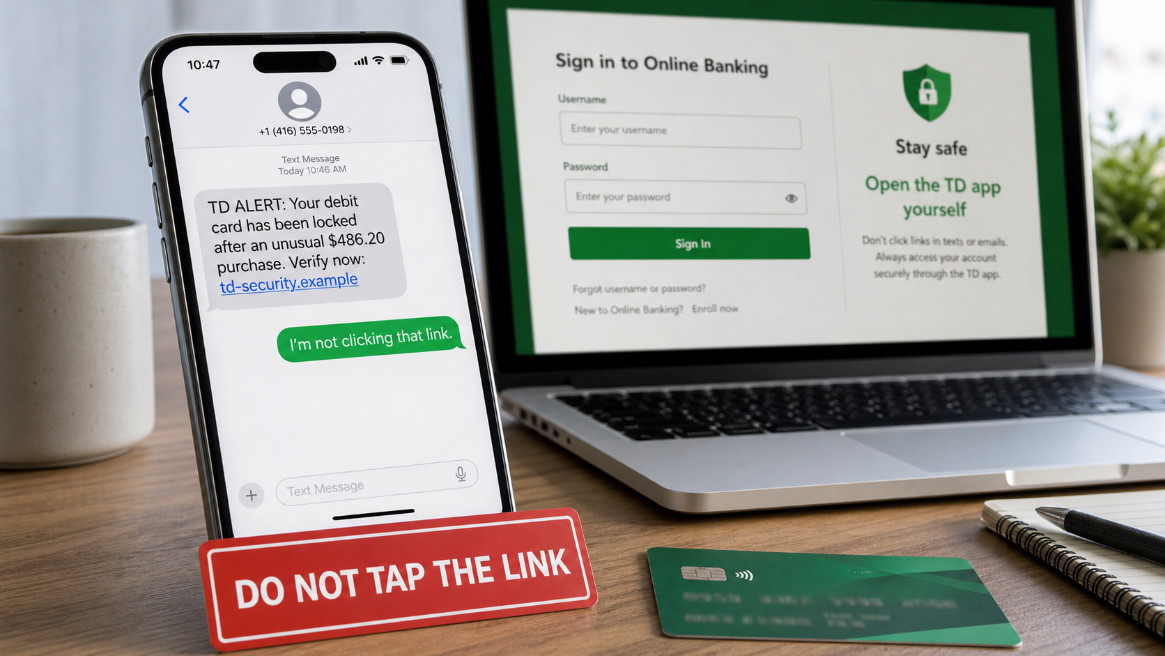 Example of a fake TD Bank locked-account scam text