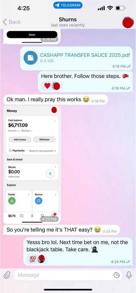 Threads Free Credit Card Giveaway Scam Exposed: The Telegram Bitcoin Trap 4 Telegram conversation delivering a Cash App PDF after a Bitcoin payment