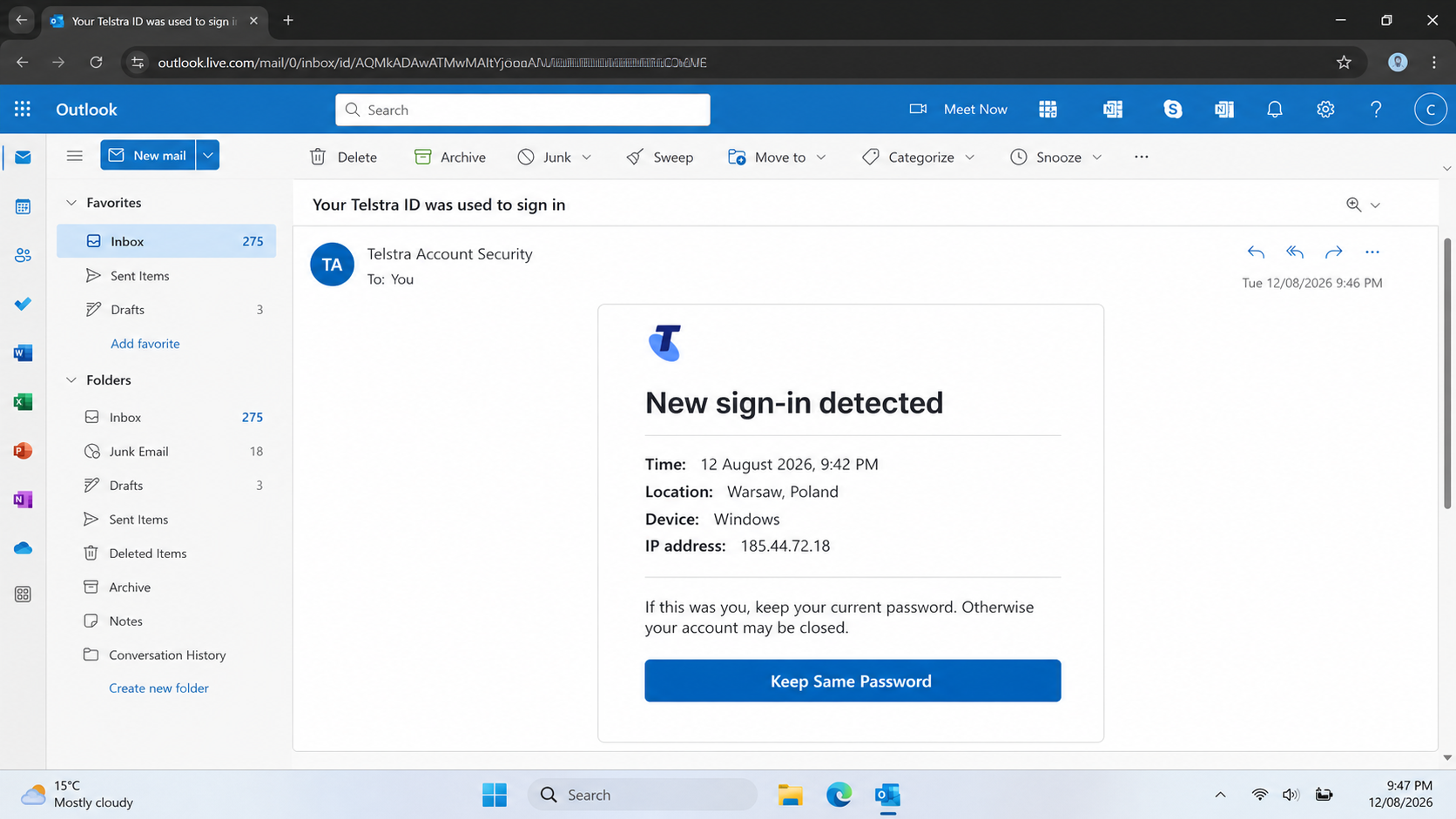 Reconstructed Telstra ID Sign-In phishing email