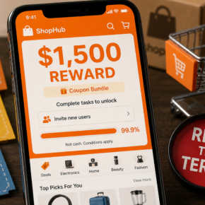 Illustration of a $1,500 shopping reward coupon bundle with conditions