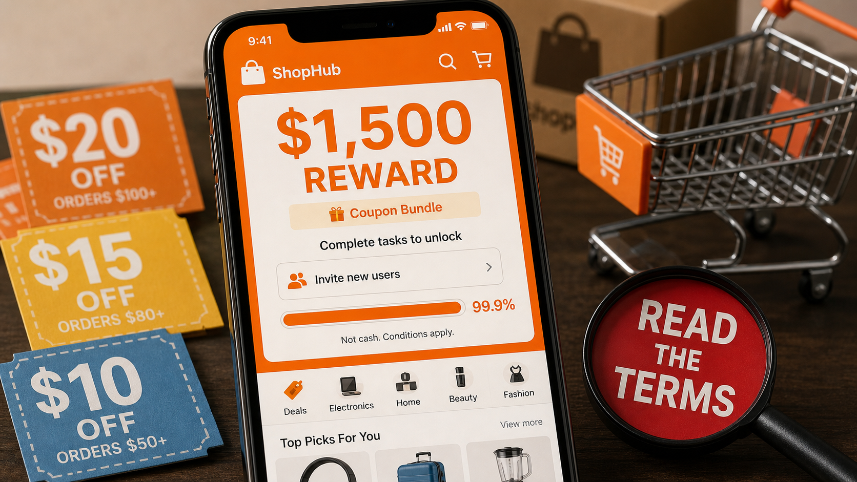 Temu $1,500 Reward: Is It Real, Cash, or a Scam? 1 Illustration of a $1,500 shopping reward coupon bundle with conditions