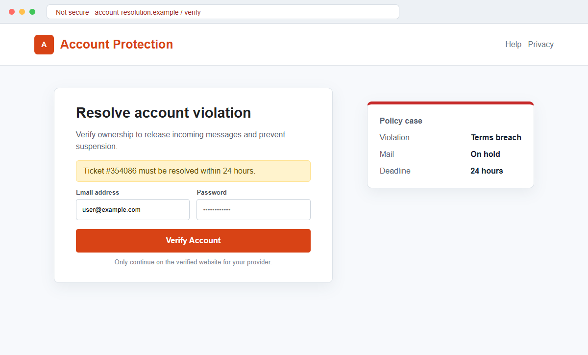 Reconstruction of a fake account protection login claiming incoming mail is on hold