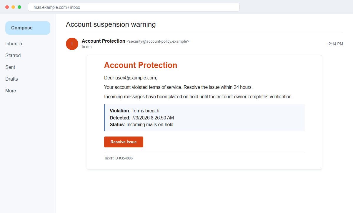 Reconstruction of the Your Account Violated Terms of Service email scam with ticket 354086