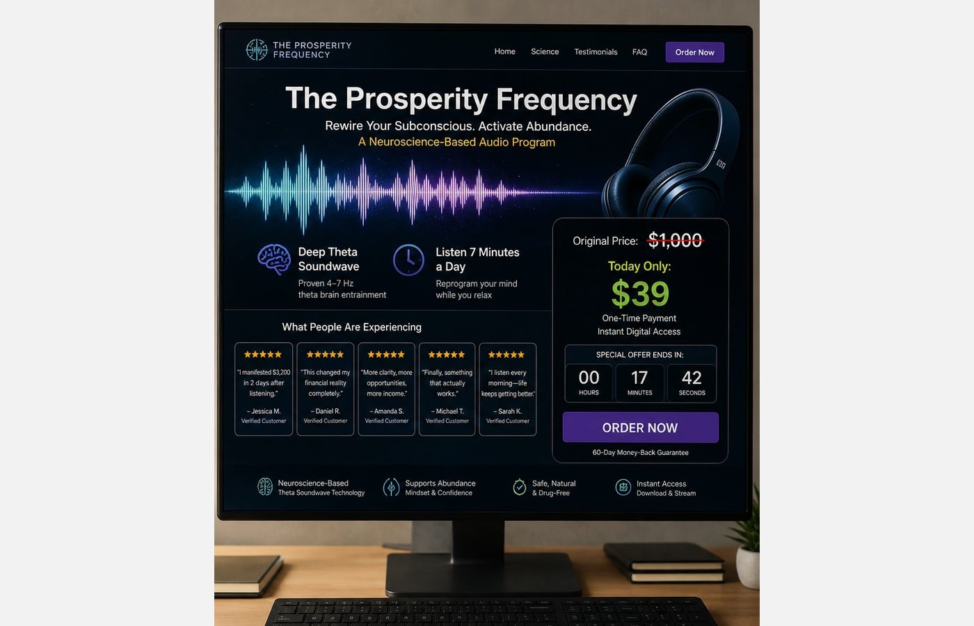 Tesla 7-Second Sound Ritual Scam: Fake Wealth Frequency and $39 Audio Trap 2 Editorial reconstruction of a $39 prosperity soundwave landing page