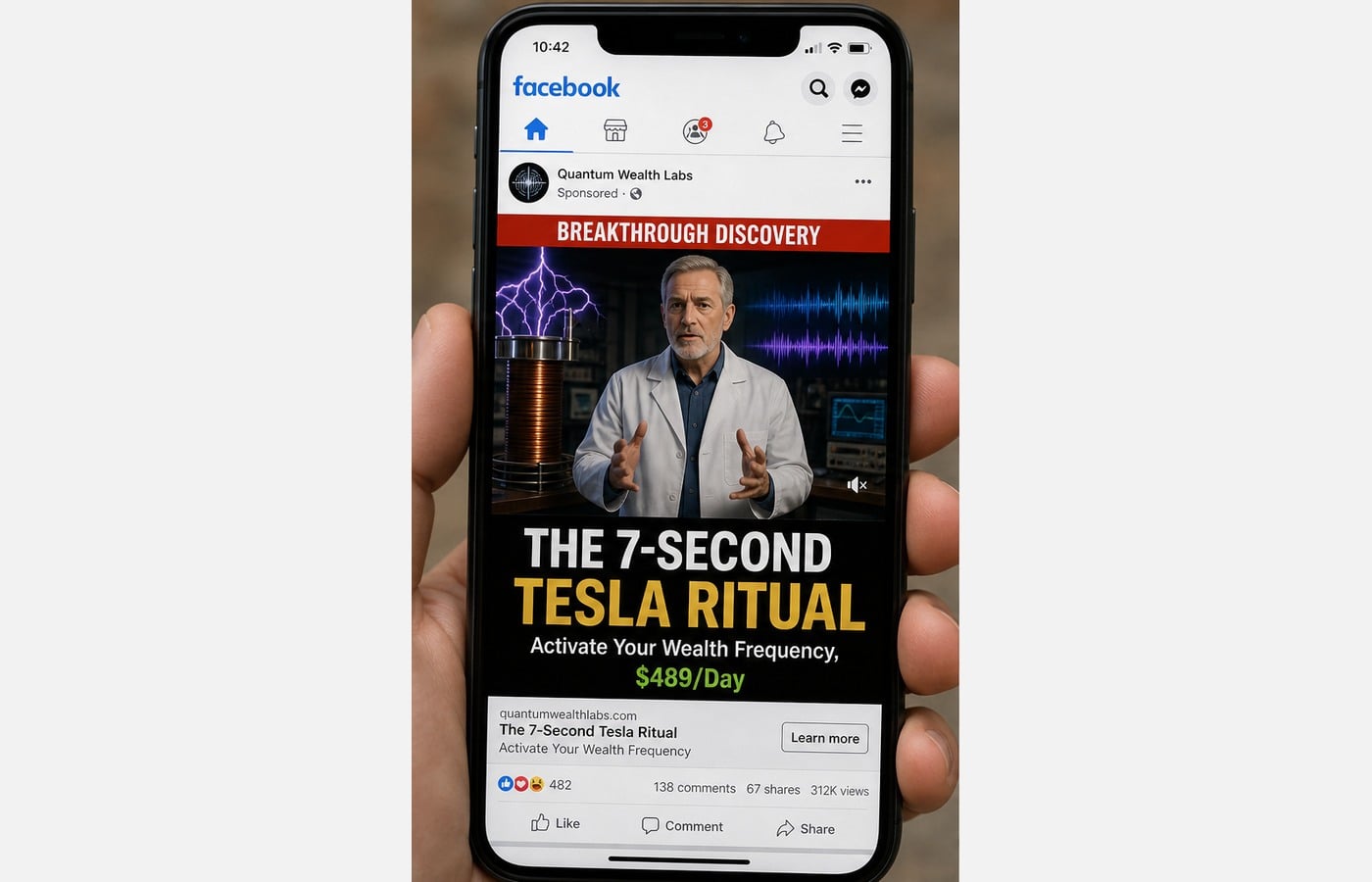 Tesla 7-Second Sound Ritual Scam: Fake Wealth Frequency and $39 Audio Trap 1 Editorial reconstruction of a Tesla 7-second sound ritual advertisement