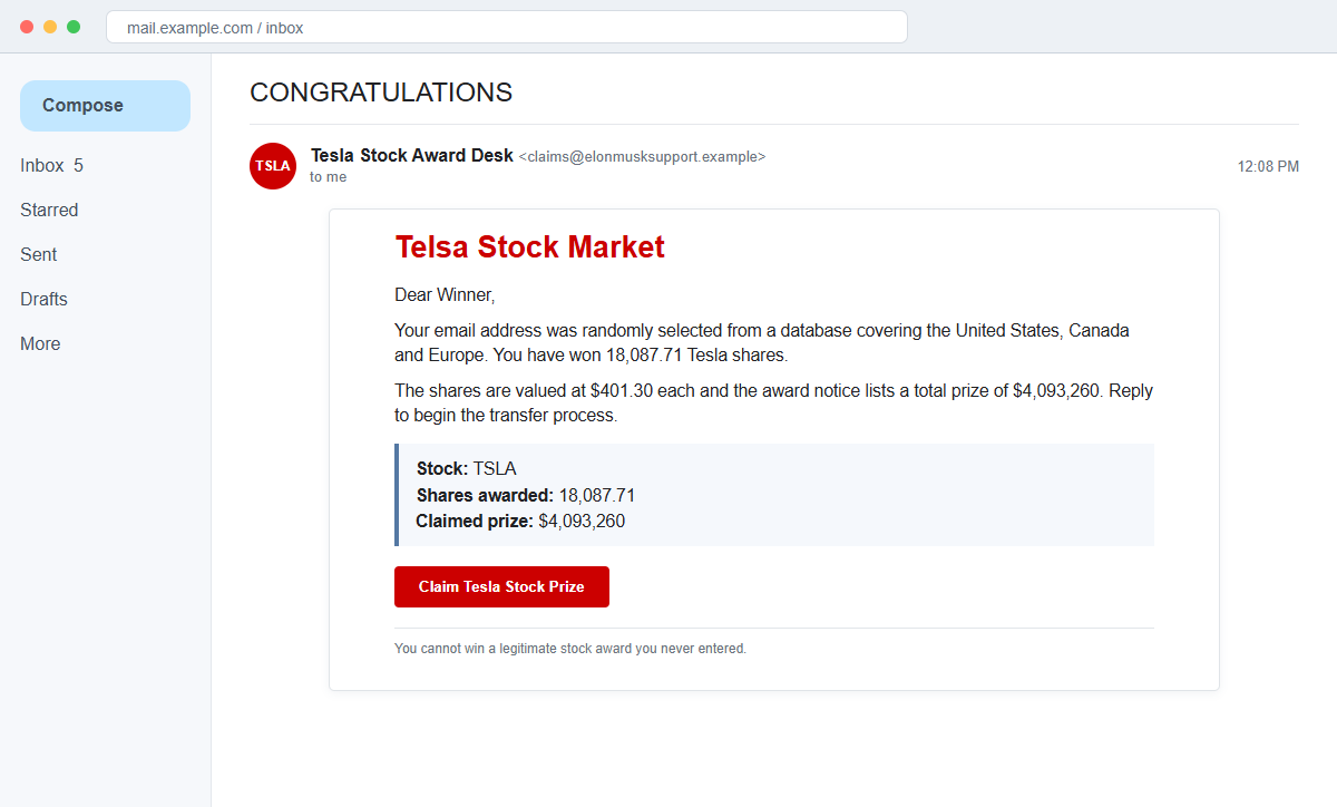 Tesla Stock Email Scam Promises a Fake $4 Million Prize to Steal Your Money 1 Reconstruction of the email claiming the recipient won Tesla stock