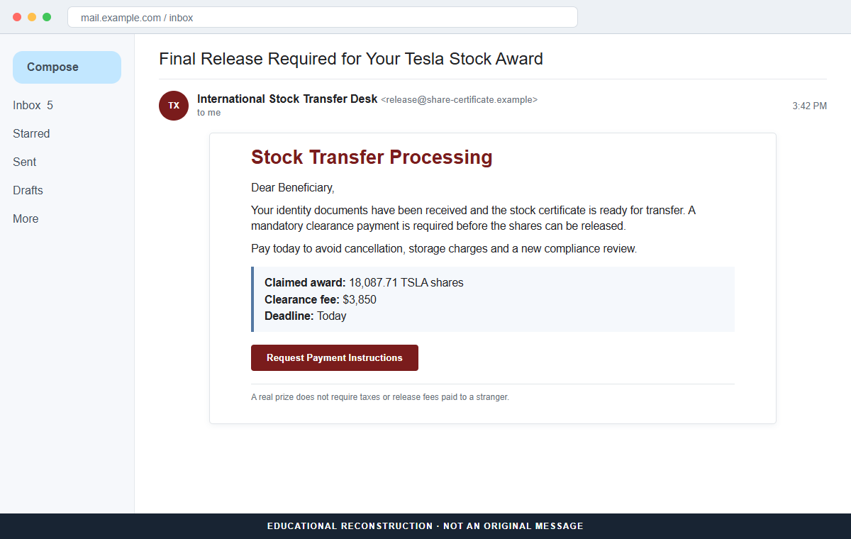 Tesla Stock Email Scam Promises a Fake $4 Million Prize to Steal Your Money 2 Reconstruction of a follow-up clearance fee demand for the fake Tesla stock prize