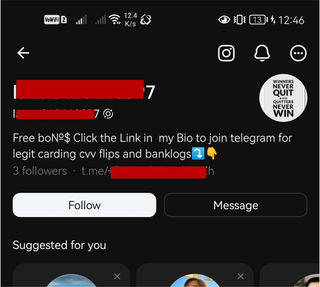 Threads Free Credit Card Giveaway Scam Exposed: The Telegram Bitcoin Trap 2 Threads profile advertising carding and directing users to a redacted Telegram link