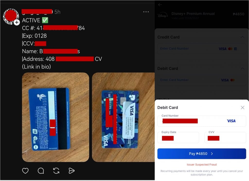 Threads Free Credit Card Giveaway Scam Exposed: The Telegram Bitcoin Trap 1 Threads post displaying redacted credit card details as bait for a Telegram Bitcoin scam