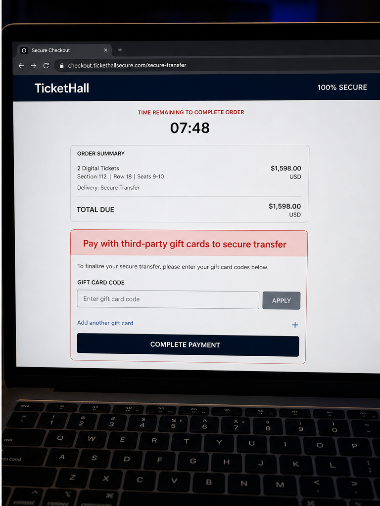 Ticketmaster Limited Ticket Release Email Scam: Fake Seats 2 Reconstruction of a fake ticket checkout demanding third-party gift cards