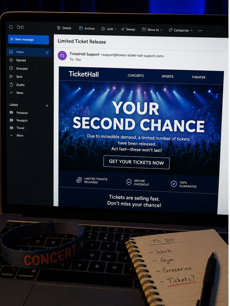 Ticketmaster Limited Ticket Release Email Scam: Fake Seats 1 Reconstruction of a fake limited ticket release email