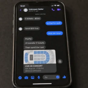 Phone screen showing a realistic ticket seller conversation with split PayPal payments