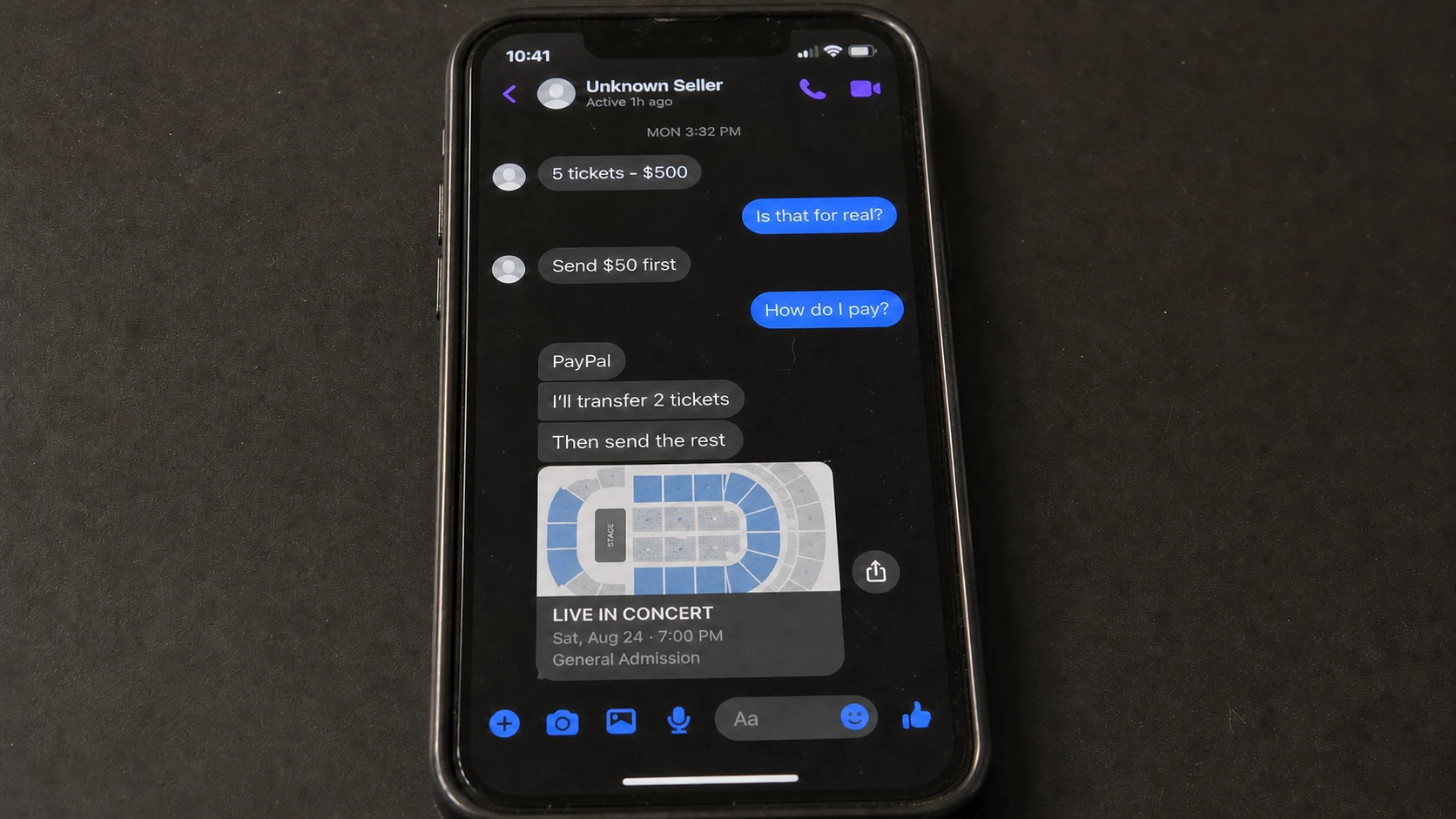 Phone screen showing a realistic ticket seller conversation with split PayPal payments