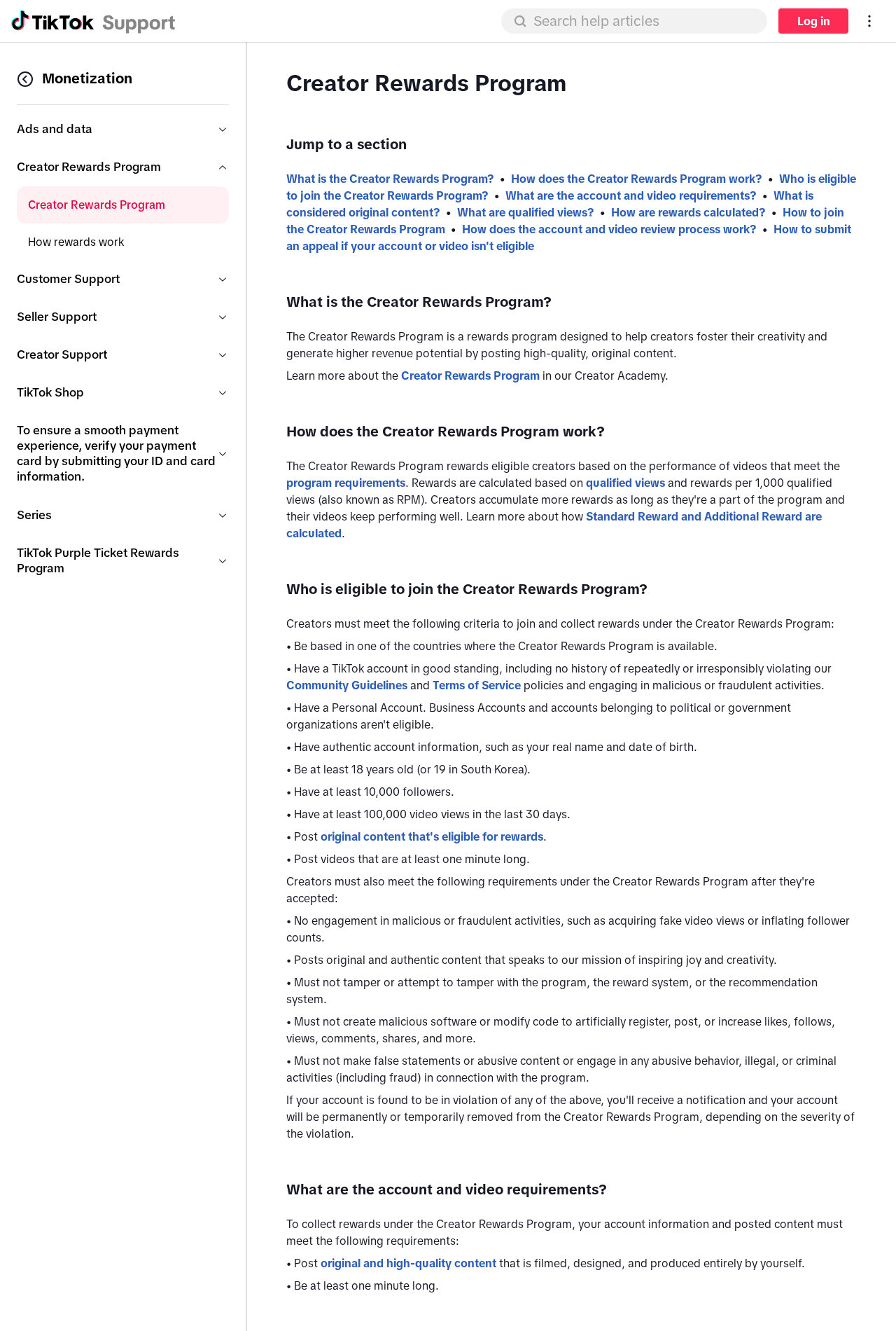 Official TikTok Creator Rewards information describing real eligibility and original content requirements