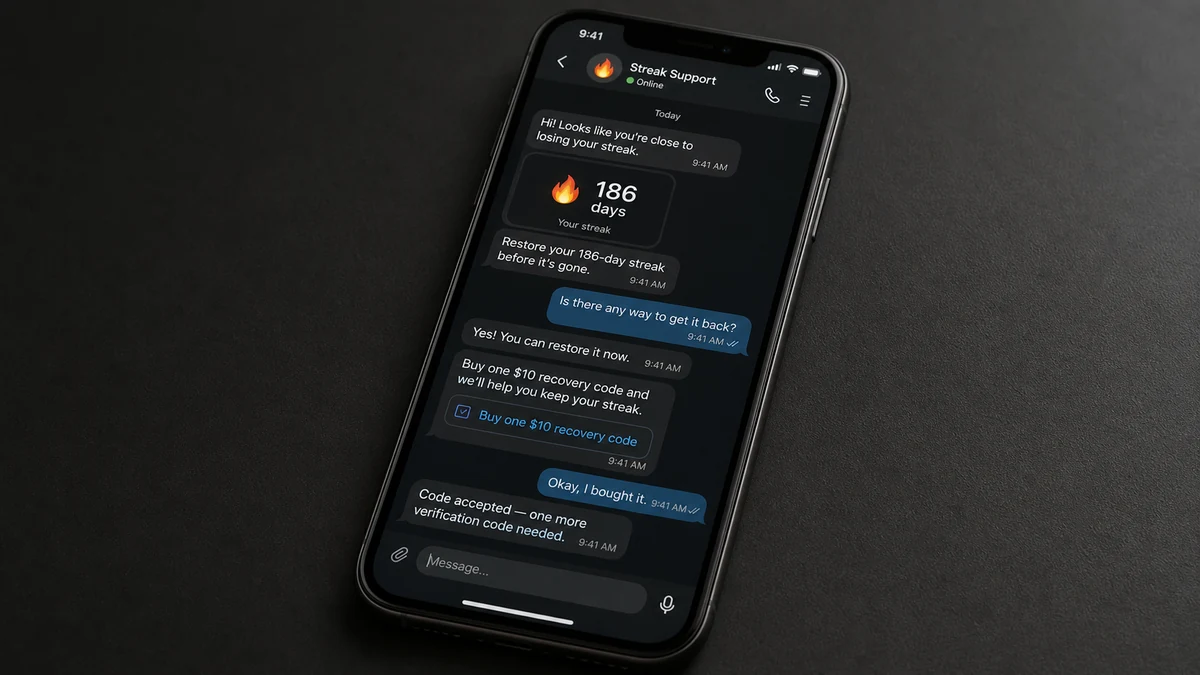 TikTok Streak Restoration Scam Keeps Selling Codes 1 Realistic reconstruction of a TikTok direct message offering to restore a lost streak after purchase of a $10 code