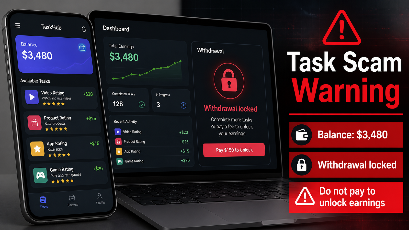 Editorial illustration showing a fake task dashboard with a locked withdrawal and invented earnings