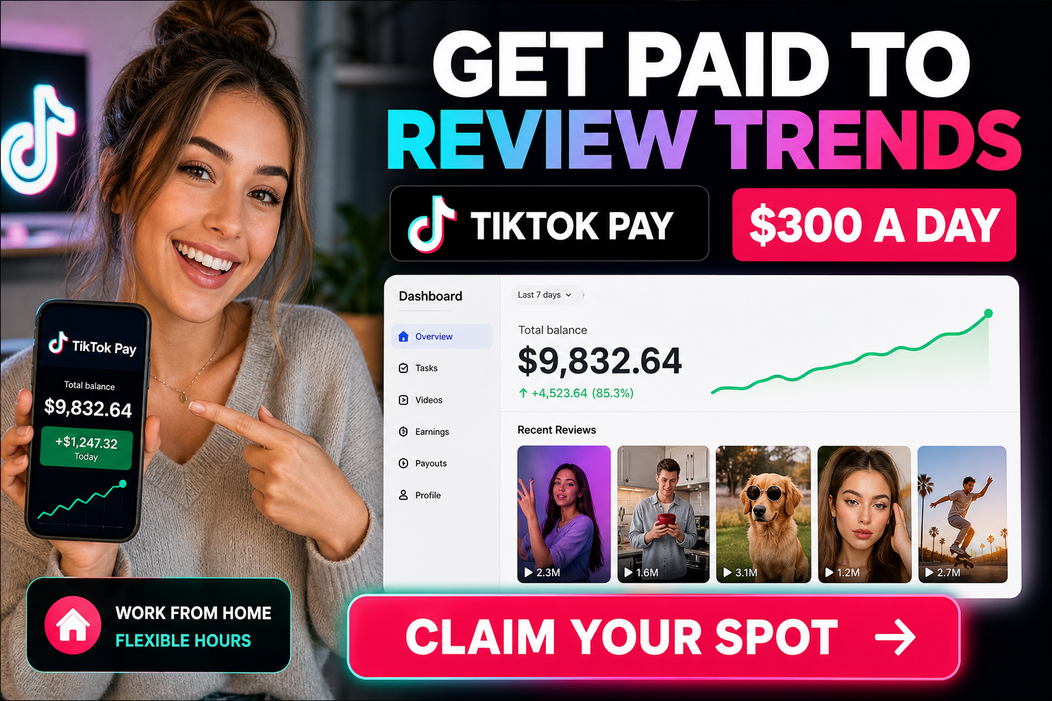 Realistic deceptive social media ad promising $300 a day through a fake TikTok trend reviewer job