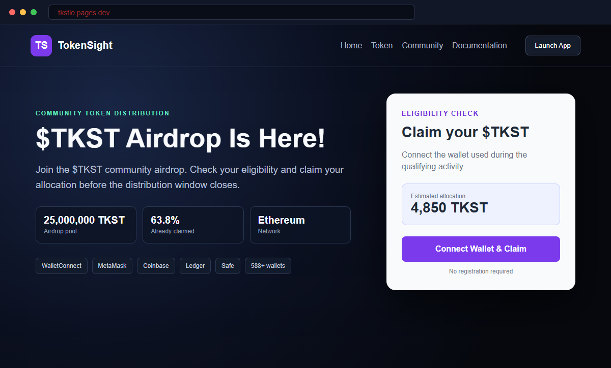 TokenSight TKST Airdrop Scam Could Drain Your Entire Cryptocurrency Wallet 1 Reconstruction of a fake TokenSight $TKST airdrop page hosted on an unofficial pages.dev domain