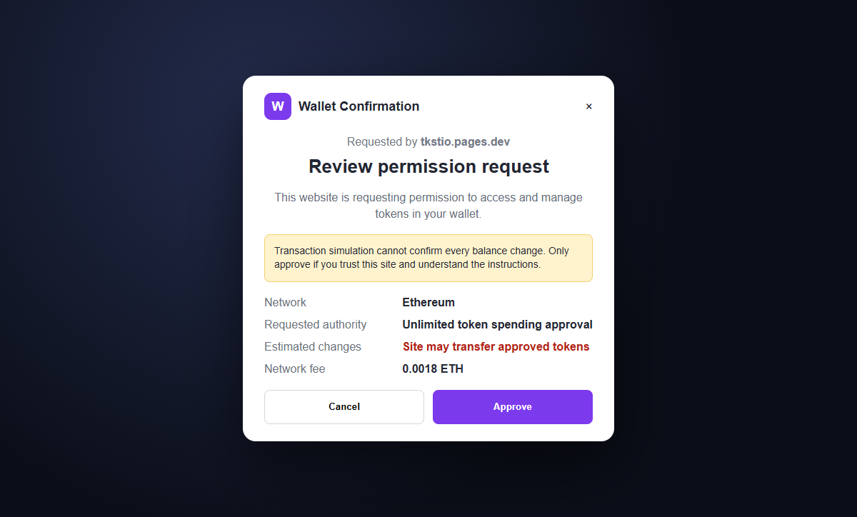 TokenSight TKST Airdrop Scam Could Drain Your Entire Cryptocurrency Wallet 2 Reconstruction of a risky token approval request triggered by a fake $TKST claim page