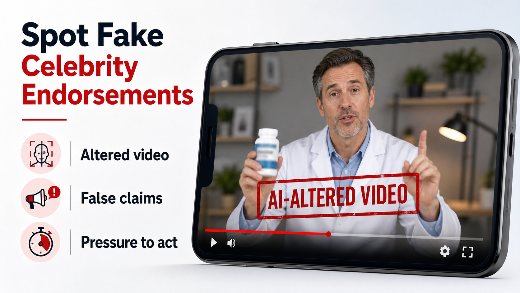 Editorial illustration showing warning signs of a fake AI-altered celebrity endorsement