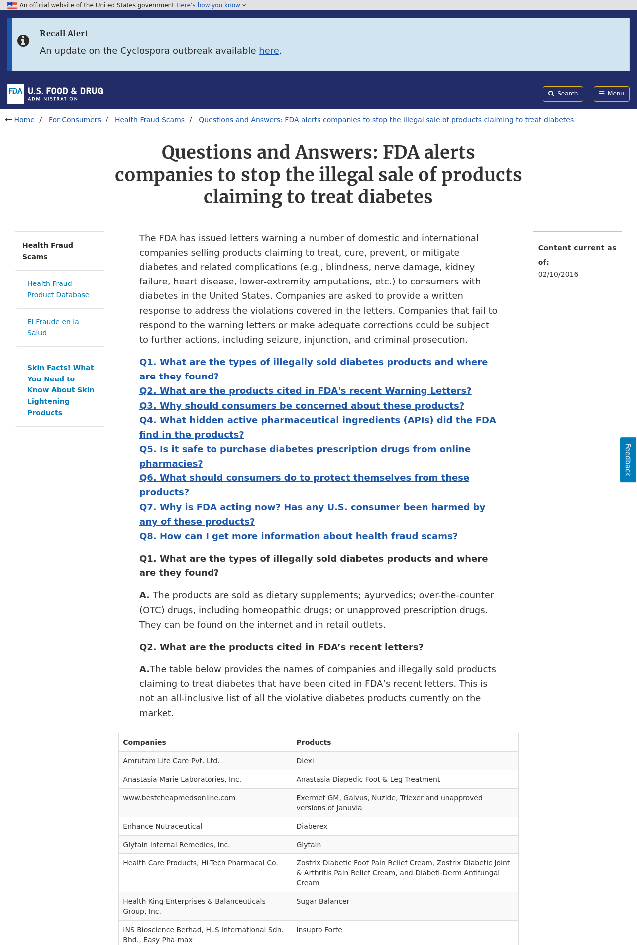 FDA guidance warning consumers about illegally sold products claiming to treat diabetes