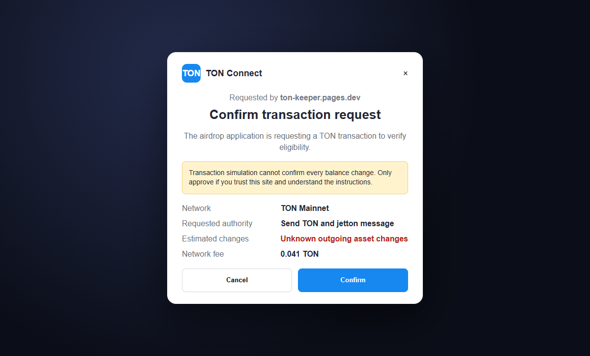 Reconstruction of a TON Connect wallet request opened by the fake Tonkeeper airdrop