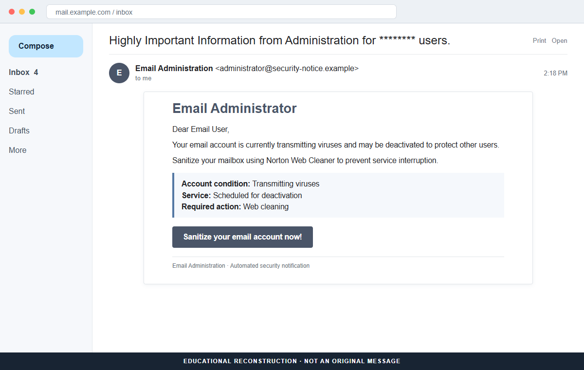 Reconstruction of the email account is transmitting viruses scam threatening mailbox deactivation