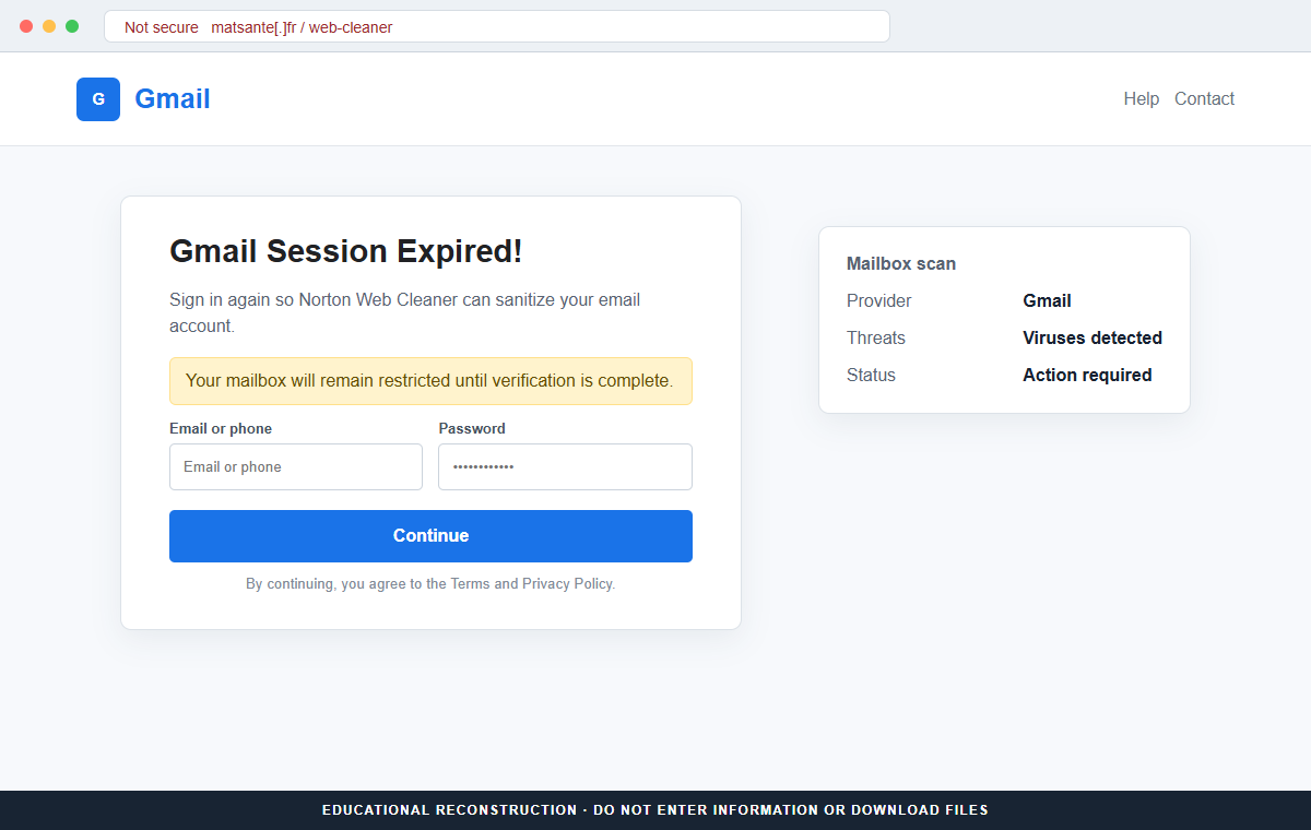 Reconstruction of the fake Gmail session expired login presented as Norton Web Cleaner