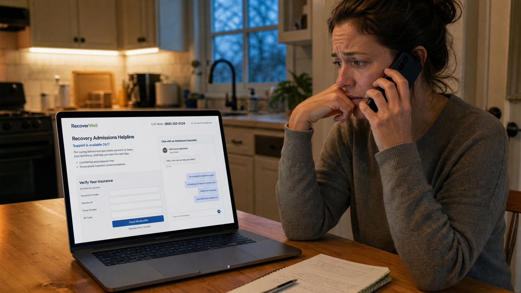 Worried family member calling a generic treatment admissions helpline shown on a laptop