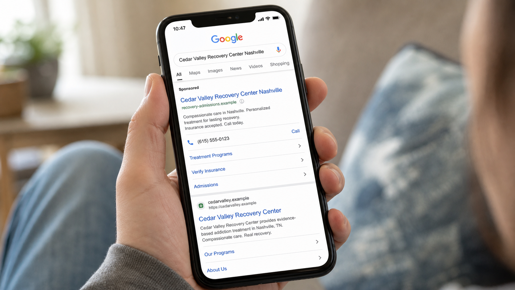 Realistic sponsored search result imitating a substance use treatment clinic above its genuine listing