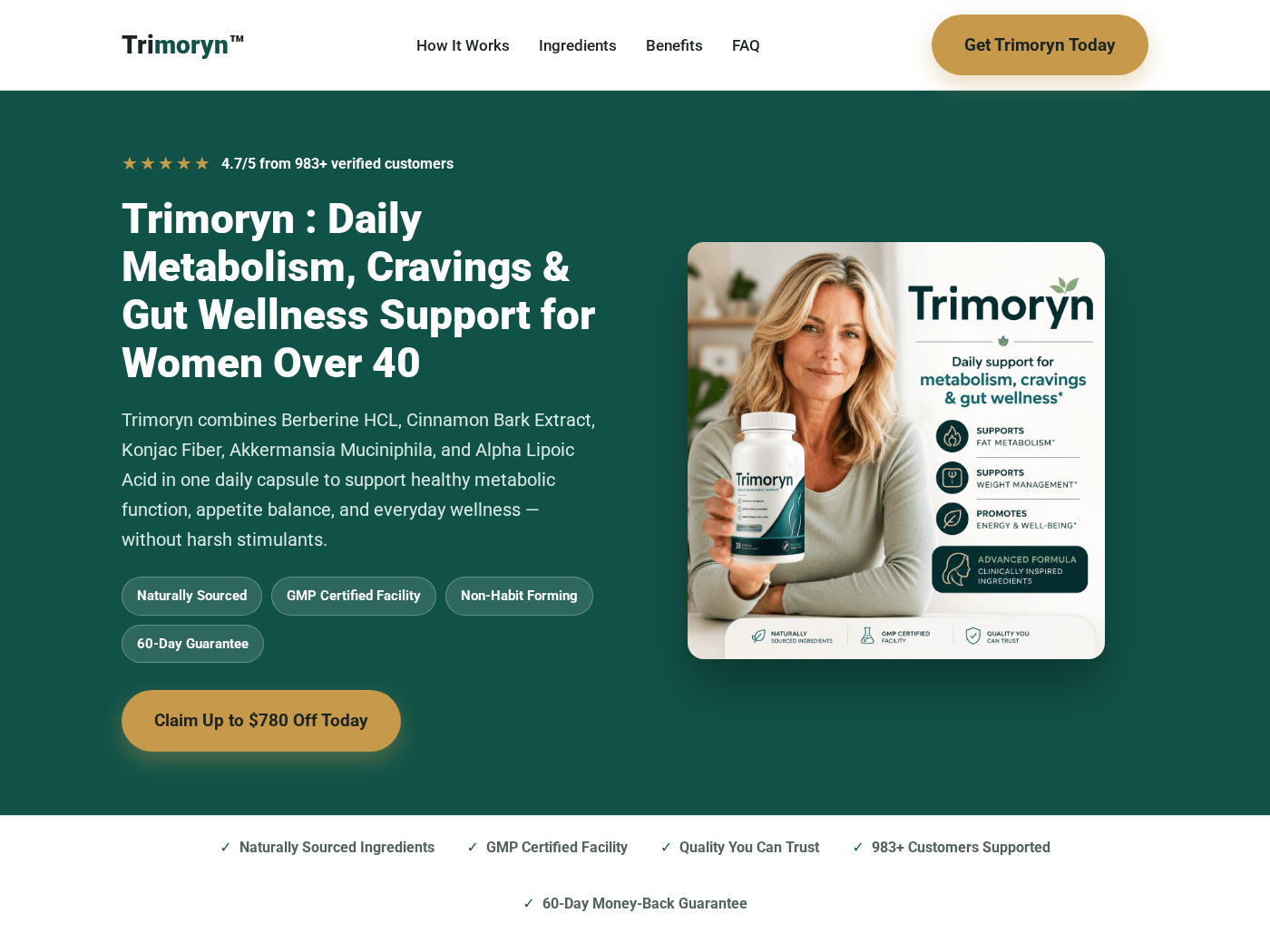 Trimoryn metabolism support supplement sales page with bundle pricing