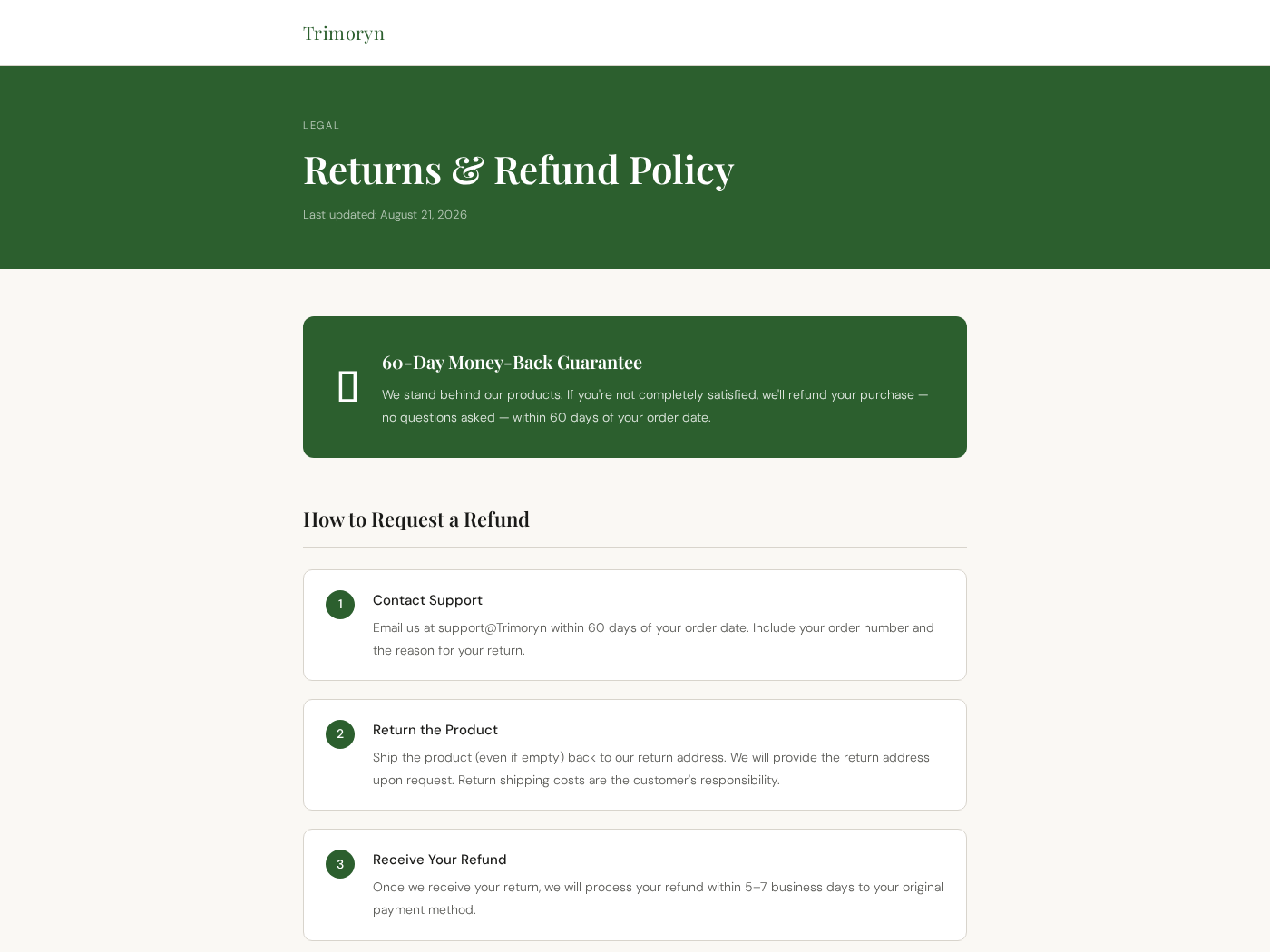 Trimoryn returns page with 60-day policy and incomplete support email