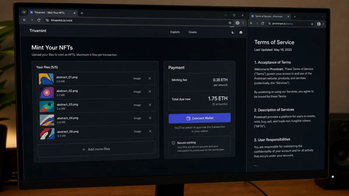 Realistic reconstruction of a Trivamint minting checkout charging 0.35 ETH per artwork beside terms naming Prominart