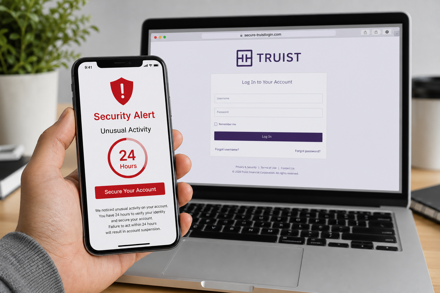 Truist Security Alert Email Scam: How the Fake Bank Warning Steals Your Login 1 Fake Truist Security Alert email directing a customer to a counterfeit online banking login