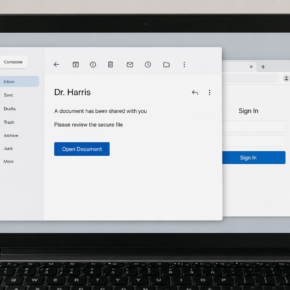 Realistic phishing email from a familiar doctor leading to a fake Google sign-in page