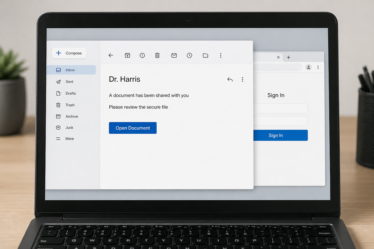 Trusted Doctor Email Scam Opens a Password Trap 1 Realistic phishing email from a familiar doctor leading to a fake Google sign-in page