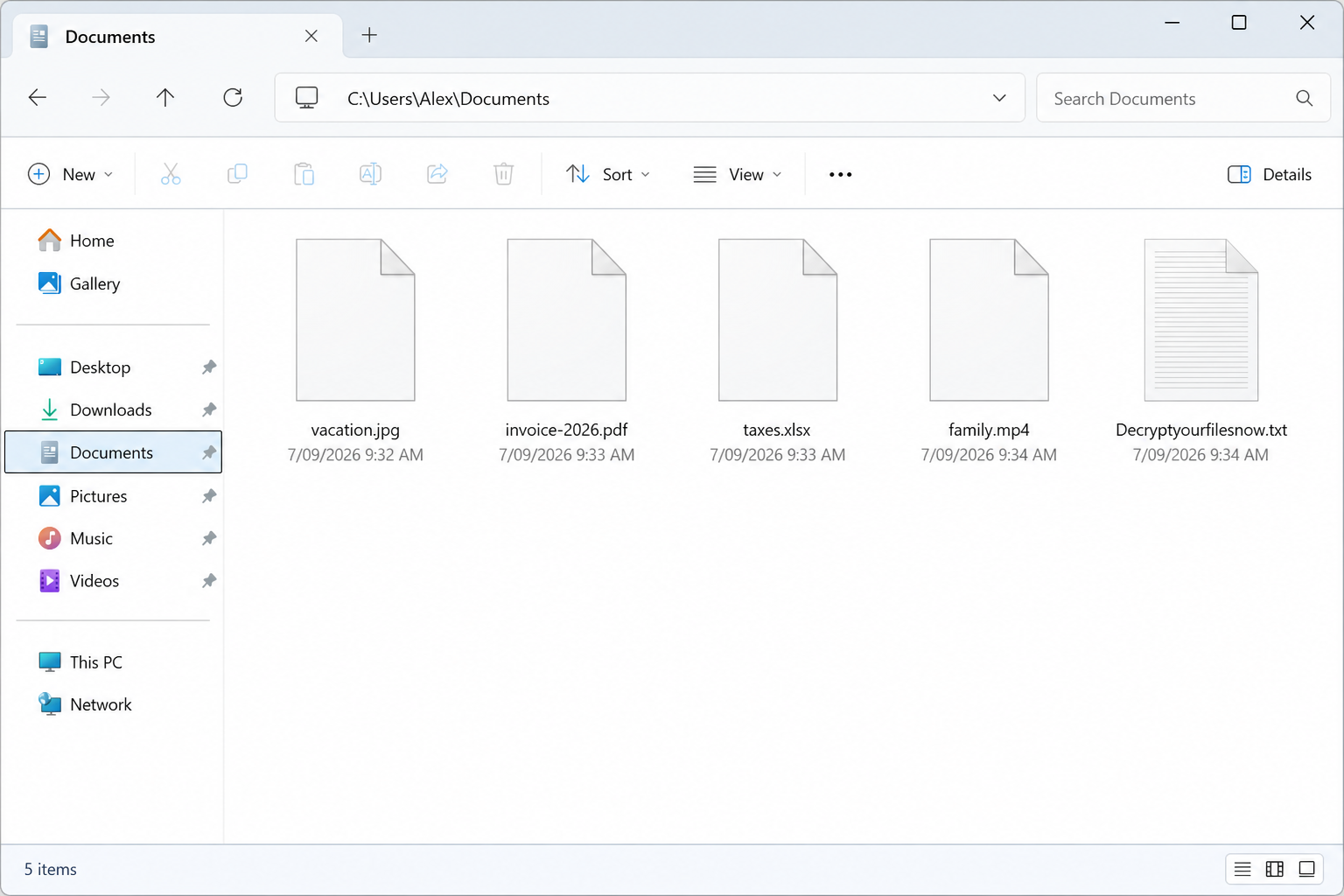 Files after TuakTOX. The names look normal. Decryptyourfilesnow.txt is the tell.