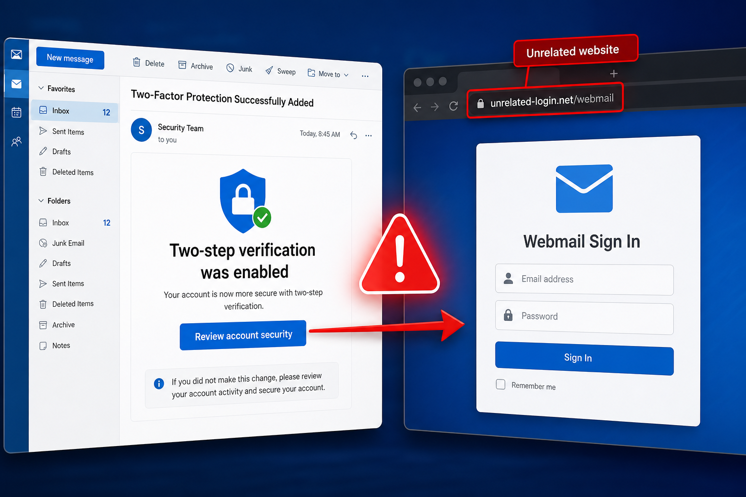 Two-Step Verification Was Enabled Email Scam: How the Fake Alert Steals Passwords 1 Two-step verification phishing email leading to a fake webmail login page