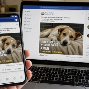 Example of a Type Amen Facebook like-farming post shown on a phone and laptop