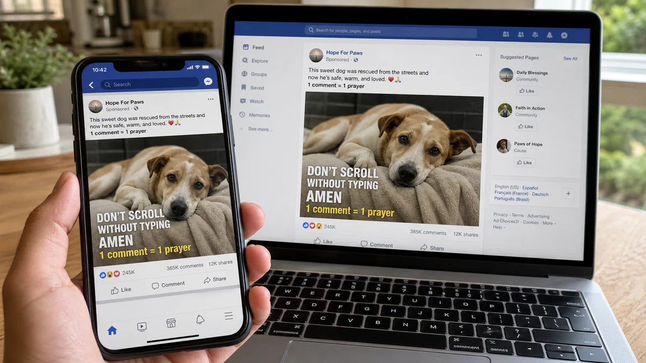 Example of a Type Amen Facebook like-farming post shown on a phone and laptop