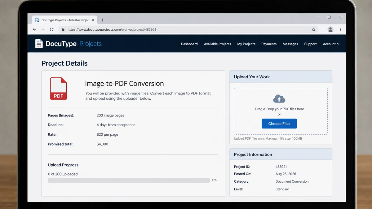 Realistic reconstruction of a typing job portal promising $4,000 to convert 200 image pages into PDF files